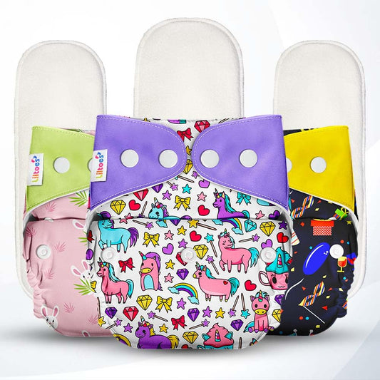 Multicolour Printed Cloth Diaper With Inserts (Pack Of 3)