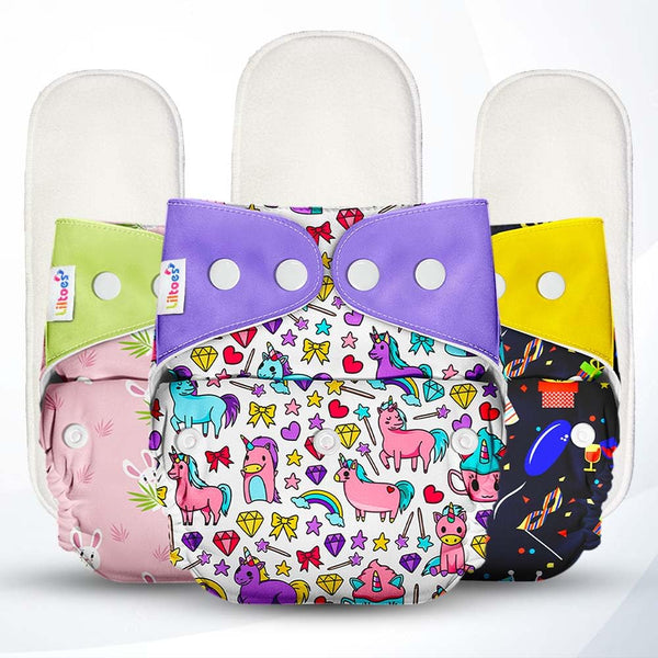 Multicolour Printed Cloth Diaper With Inserts (Pack Of 3)