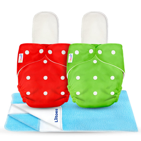 LILTOES® AIO Baby Cloth Diapers 0 to 3 Years | Side Leakage Proof Washable Reusable Diaper For New Born Baby (Pack of 2+2) with Dry Sheet 50cm*70cm.