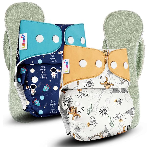 LILTOES Cloth Diapers For New Born Babies 0 to 3 Years | Freesize Adjustable and Reusable | Premium Cloth Nappies Pack of 2 (2 Cloth Diapers + 2 Inserts) | Flying Saucer + Boogie Monkey
